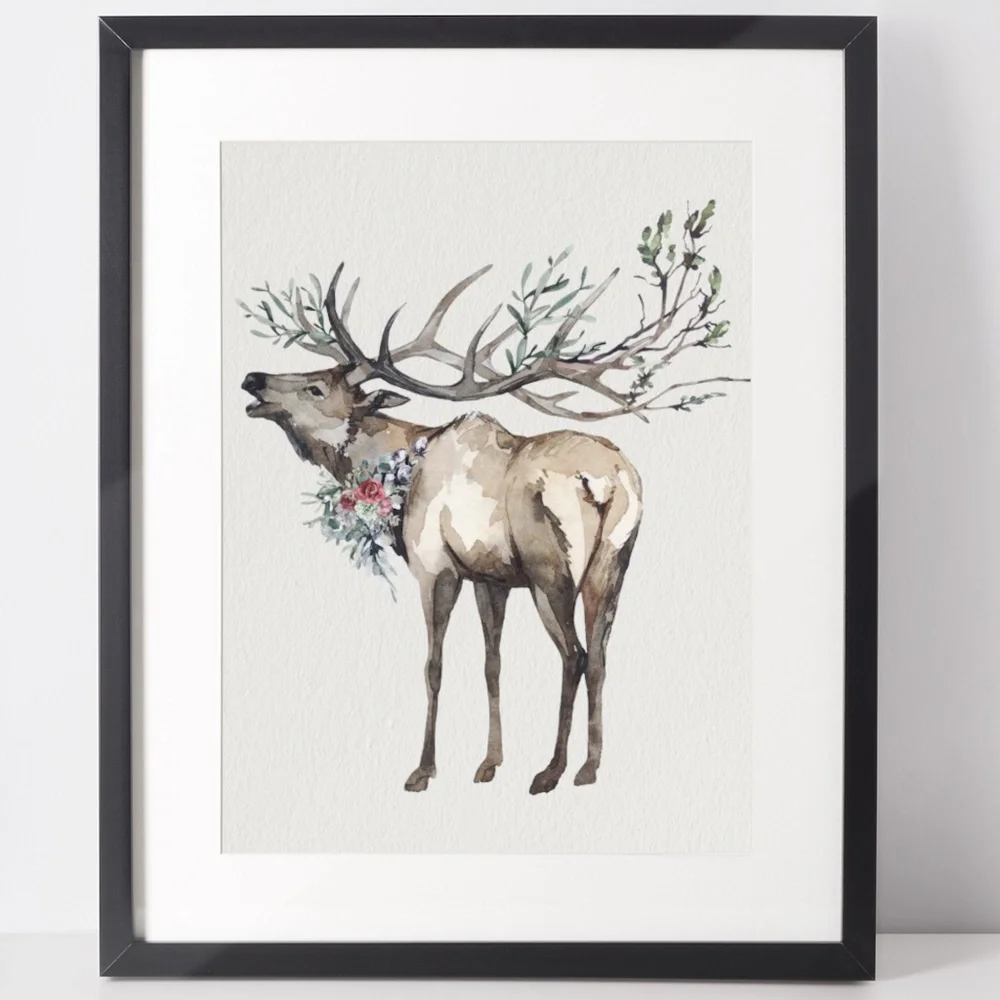 Watercolor Elk Deer Wall Art Print Poster Illustration Unframed - Picture 3 of 11